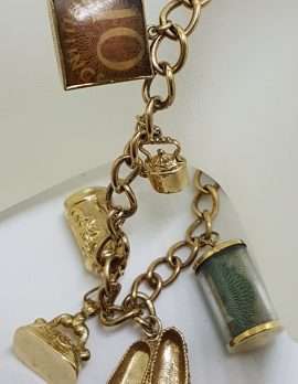 9ct Yellow Gold Charm Bracelet with Heart Padlock - Includes Bank Note Charms - Antique / Vintage