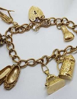 9ct Yellow Gold Charm Bracelet with Heart Padlock - Includes Bank Note Charms - Antique / Vintage