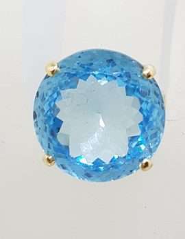 9ct Yellow Gold Large Blue Topaz Round Cocktail Ring