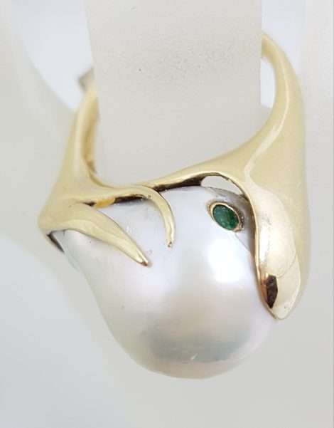 14ct Yellow Gold Large Baroque Pearl & Emerald Ring – Handmade