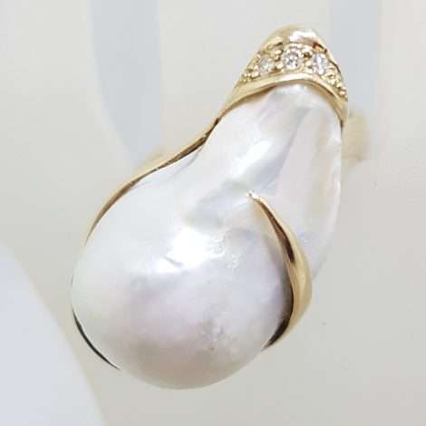 14ct Yellow Gold Large Baroque Pearl & Diamond Ring - Handmade