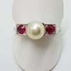 18ct White Gold & Platinum Pearl & Natural Ruby Ring - Antique / Vintage