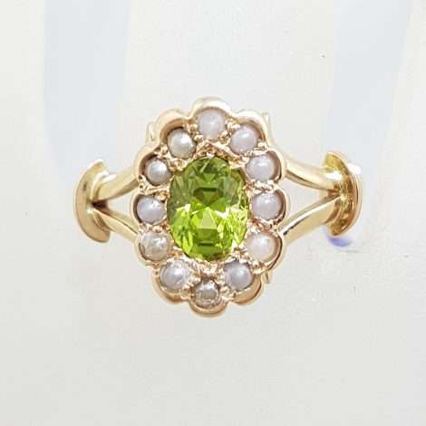 9ct Yellow Gold Oval Peridot and Seedpearl Cluster Ring - Antique / Vintage