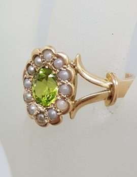 9ct Yellow Gold Oval Peridot and Seedpearl Cluster Ring - Antique / Vintage