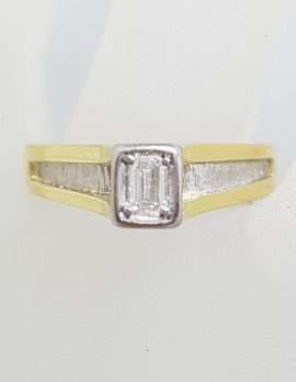 18ct Yellow Gold & Platinum High Set Baguette Solitaire Diamond Ring