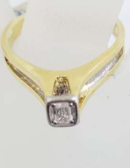 18ct Yellow Gold & Platinum High Set Baguette Solitaire Diamond Ring