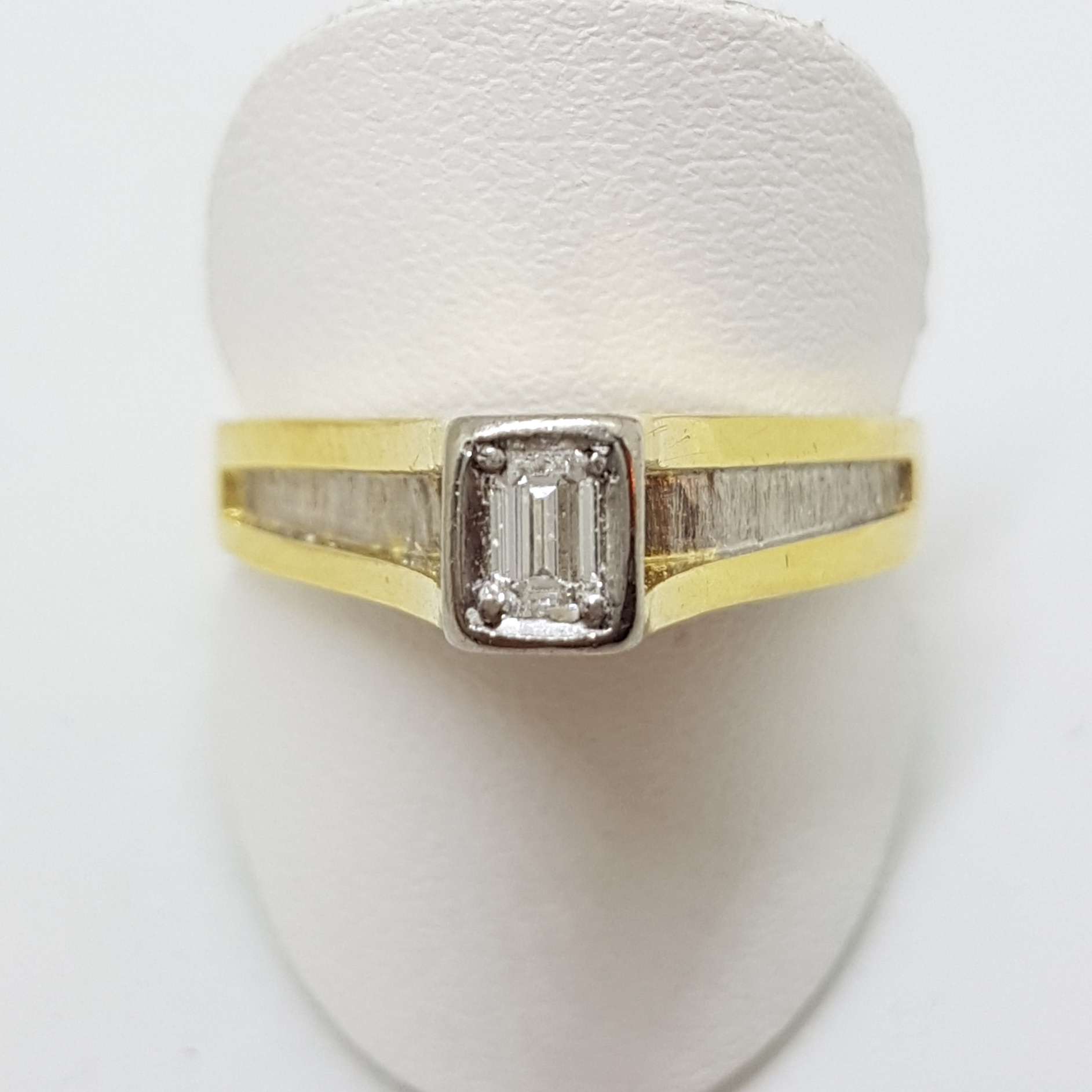 18ct Yellow Gold & Platinum High Set Baguette Solitaire Diamond Ring