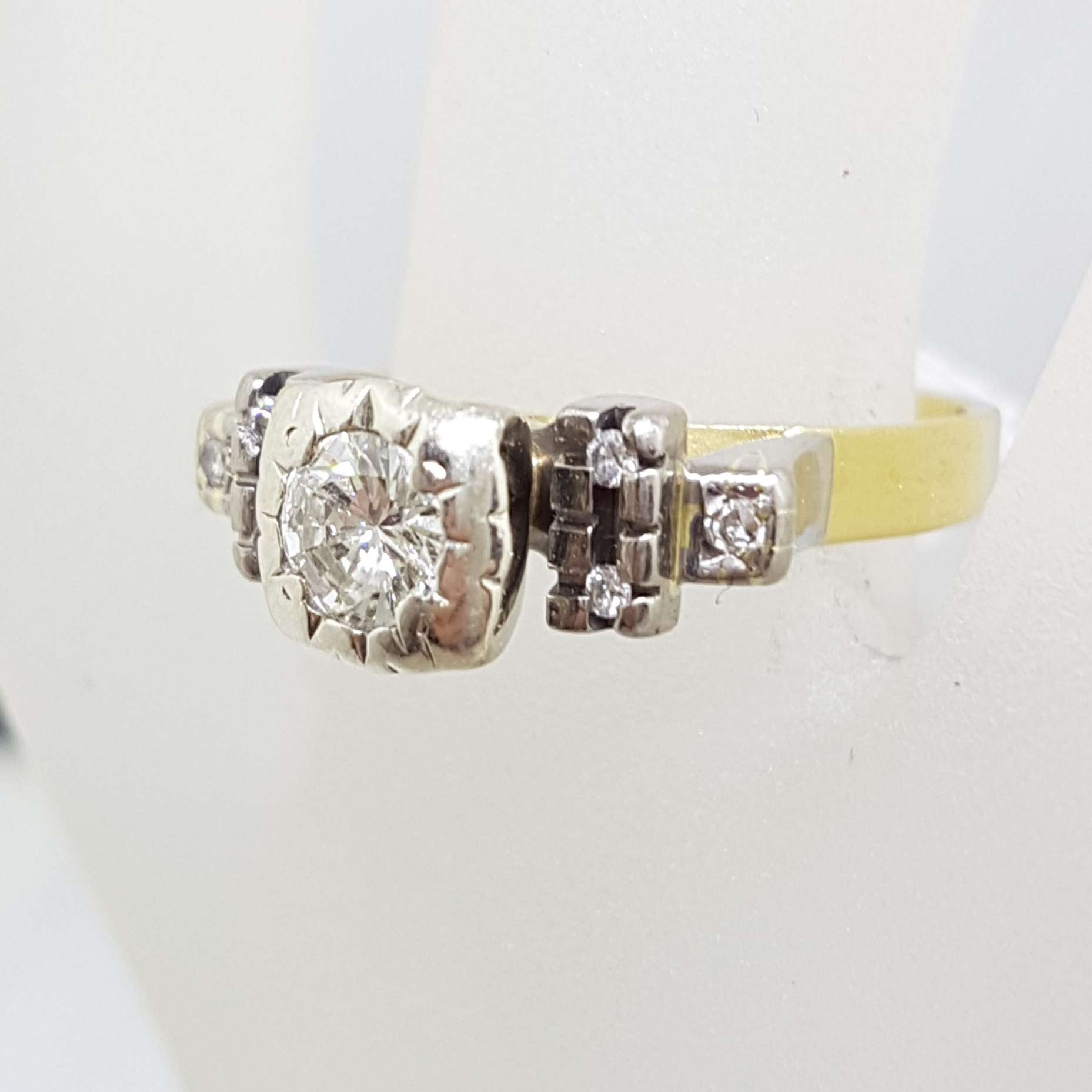 18ct Yellow Gold & Platinum High Set Diamond Engagement / Dress Ring - Antique / Vintage