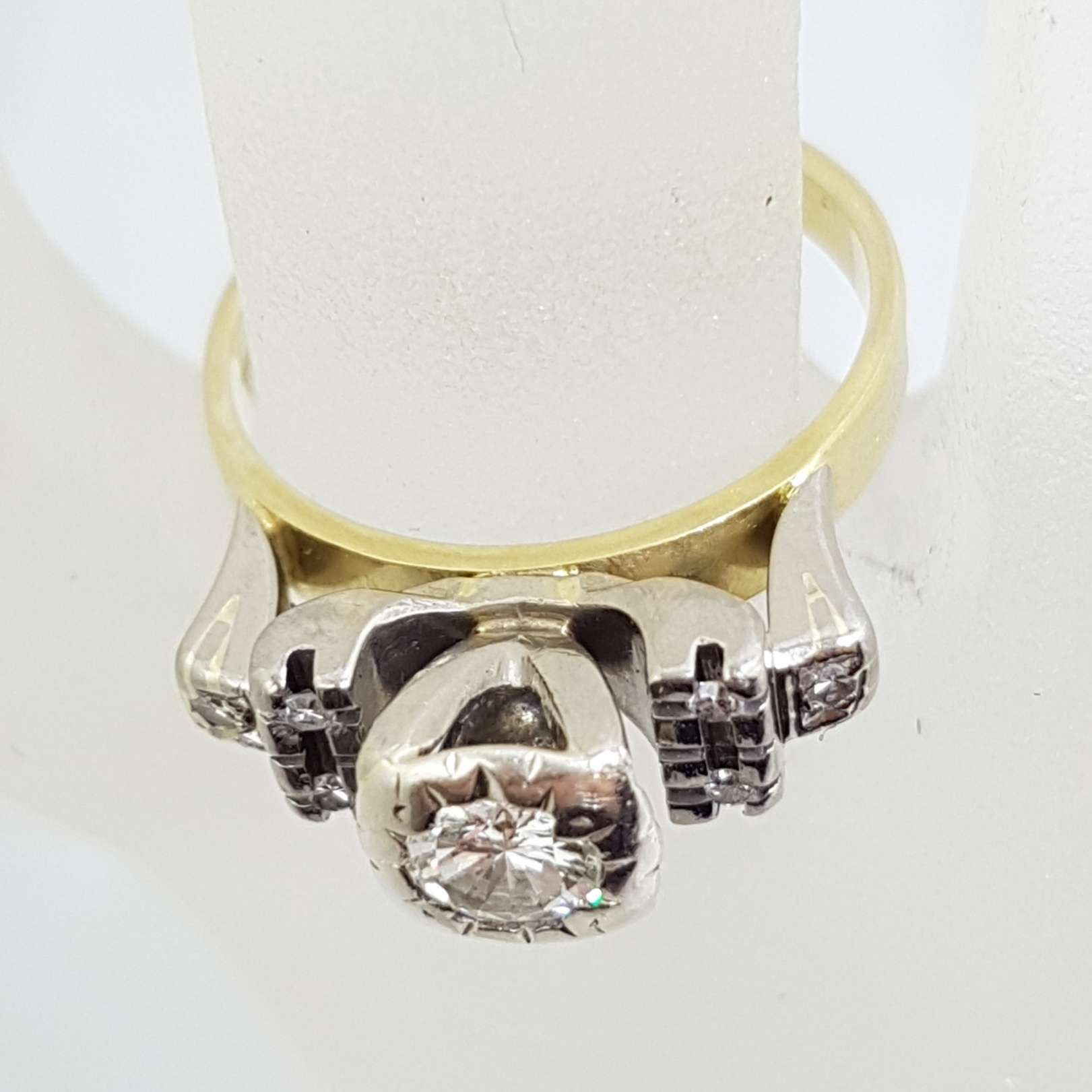 18ct Yellow Gold & Platinum High Set Diamond Engagement / Dress Ring - Antique / Vintage