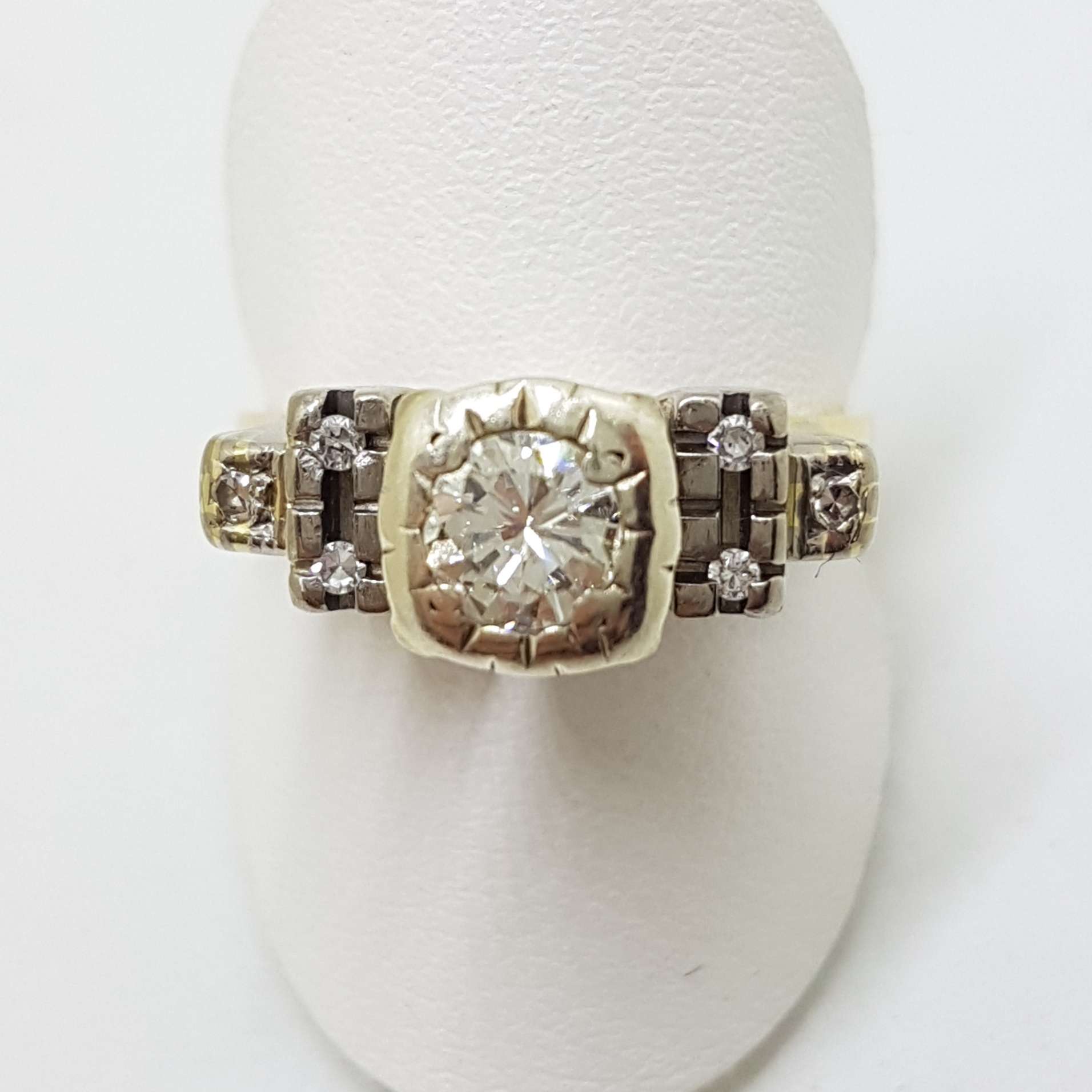 18ct Yellow Gold & Platinum High Set Diamond Engagement / Dress Ring - Antique / Vintage