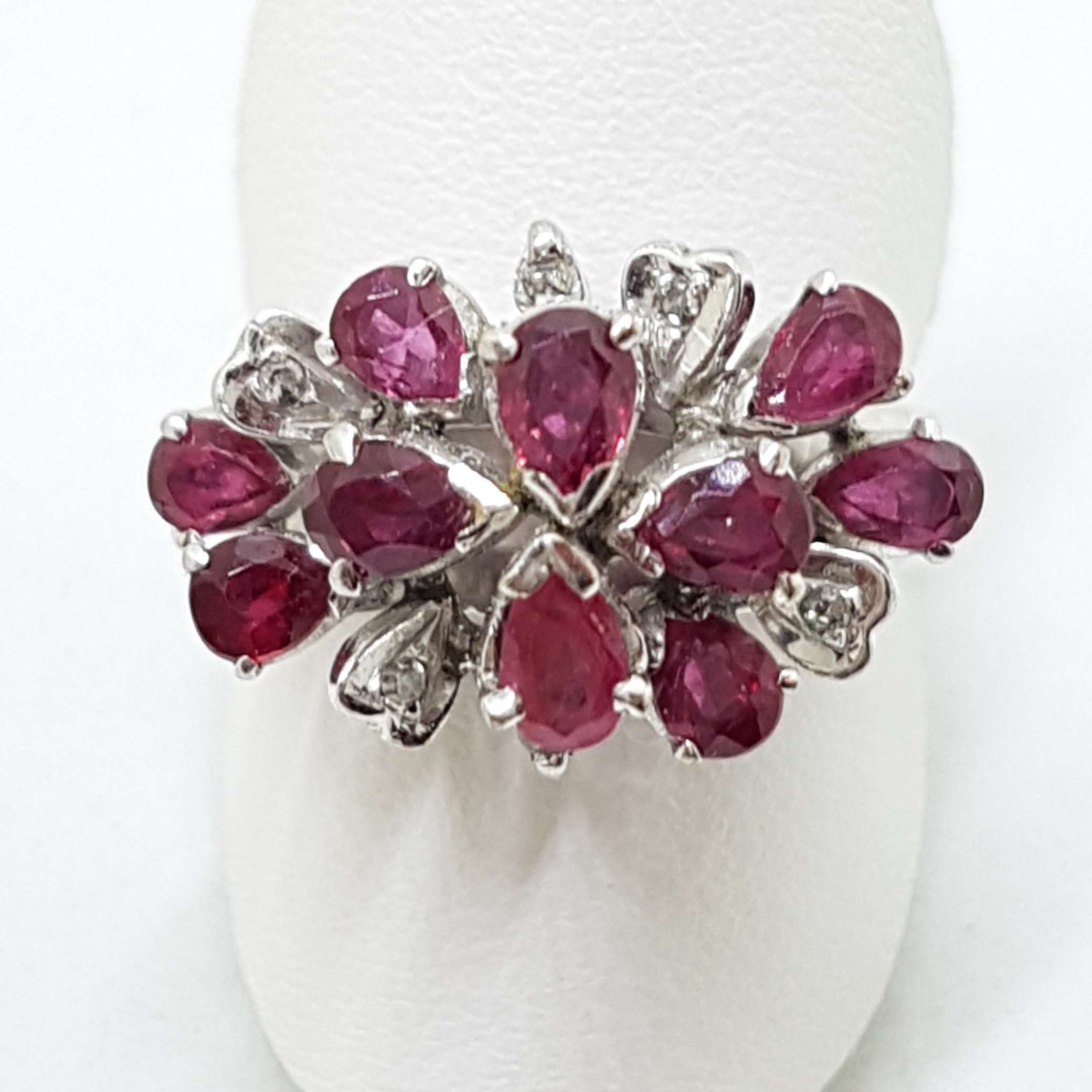 18ct White Gold Ruby and Diamond Large Cluster Ring - Antique / Vintage