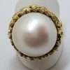 14ct Yellow Gold Large Ornate Set Round Mabe Pearl Ring - Antique / Vintage