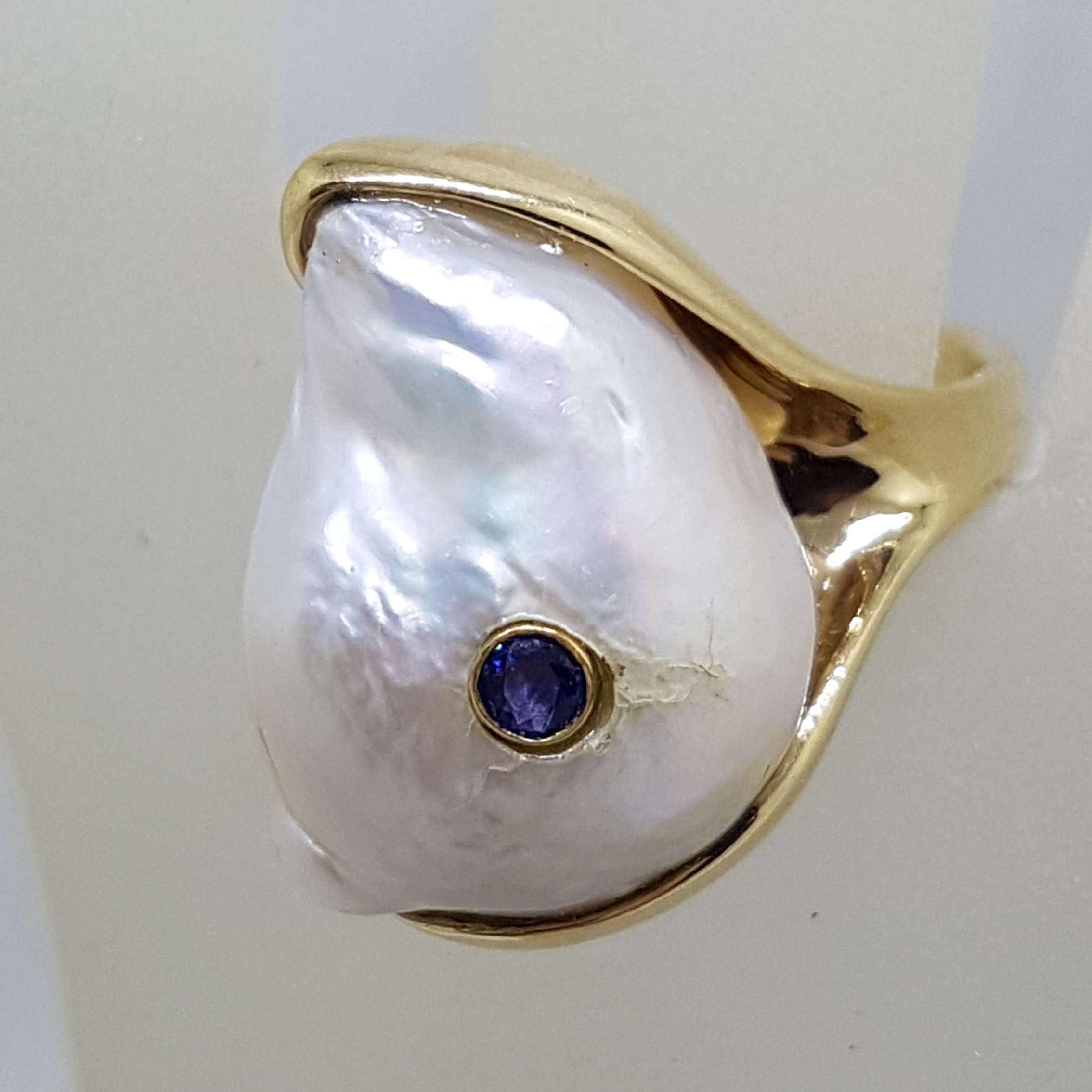14ct Yellow Gold Large Baroque Pearl with Sapphire Ring - Handmade