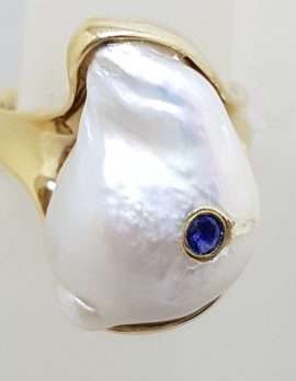 14ct Yellow Gold Large Baroque Pearl with Sapphire Ring - Handmade