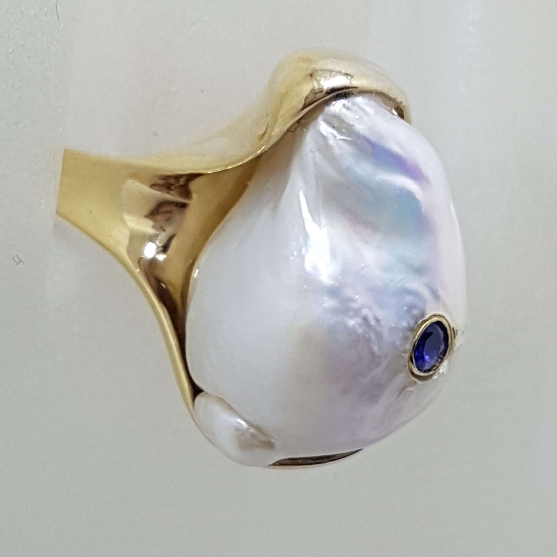 14ct Yellow Gold Large Baroque Pearl with Sapphire Ring - Handmade