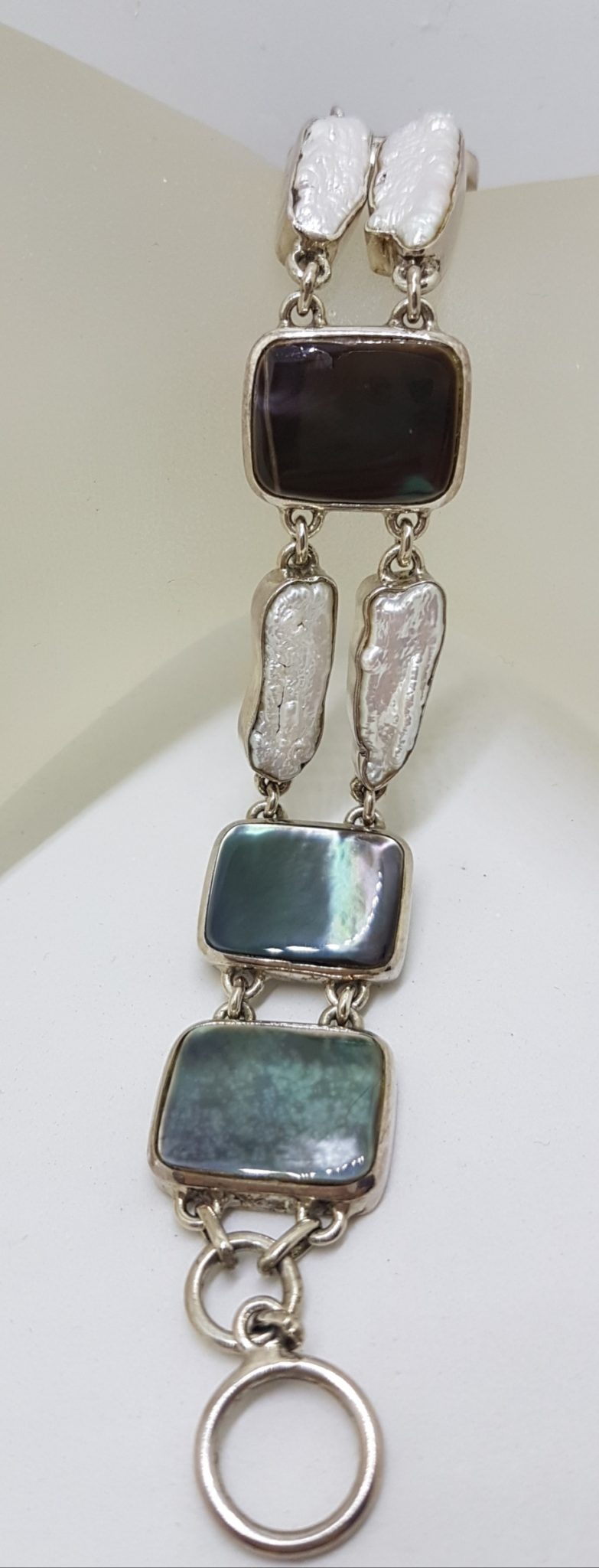 20201002_064314 Sterling Silver Large Rectangular Black / Grey Mother of Pearl with Baroque Pearl Bracelet