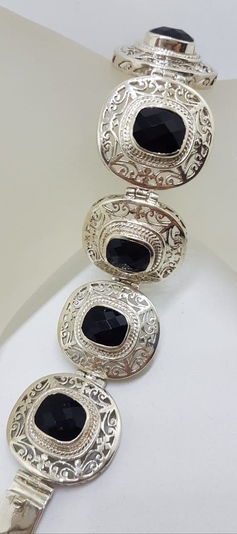 Sterling Silver Faceted Onyx Ornate Filigree Large / Wide Bracelet