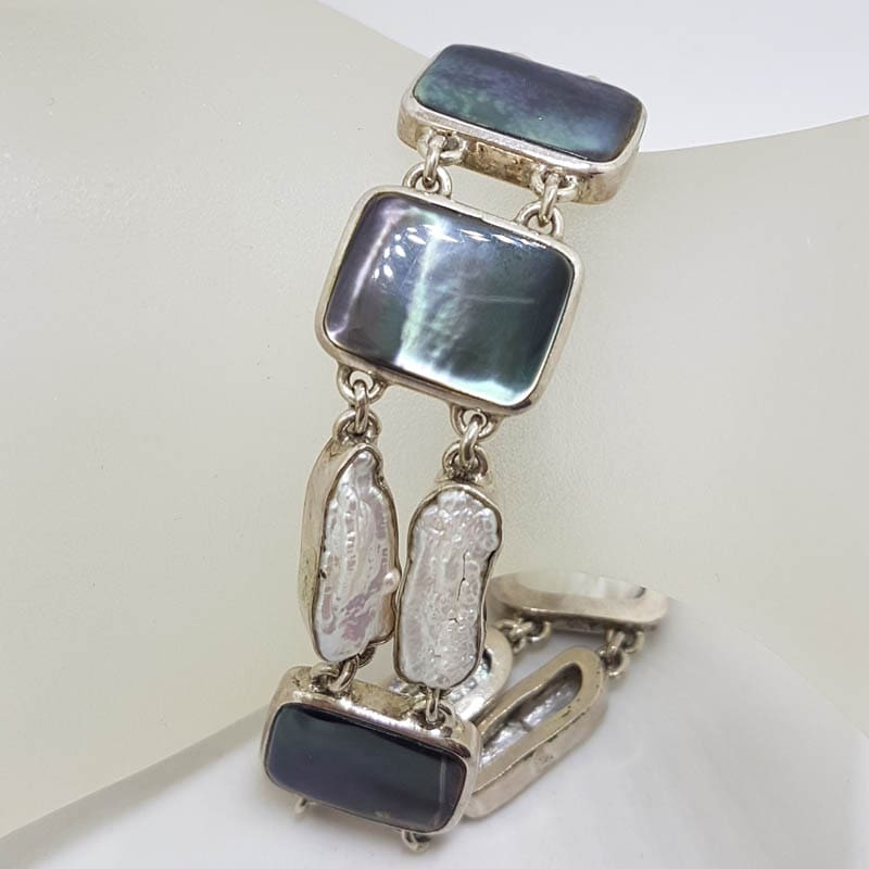 20201002_064658 Sterling Silver Large Rectangular Black / Grey Mother of Pearl with Baroque Pearl Bracelet