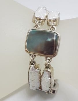 Sterling Silver Large Rectangular Black / Grey Mother of Pearl with Baroque Pearl Bracelet
