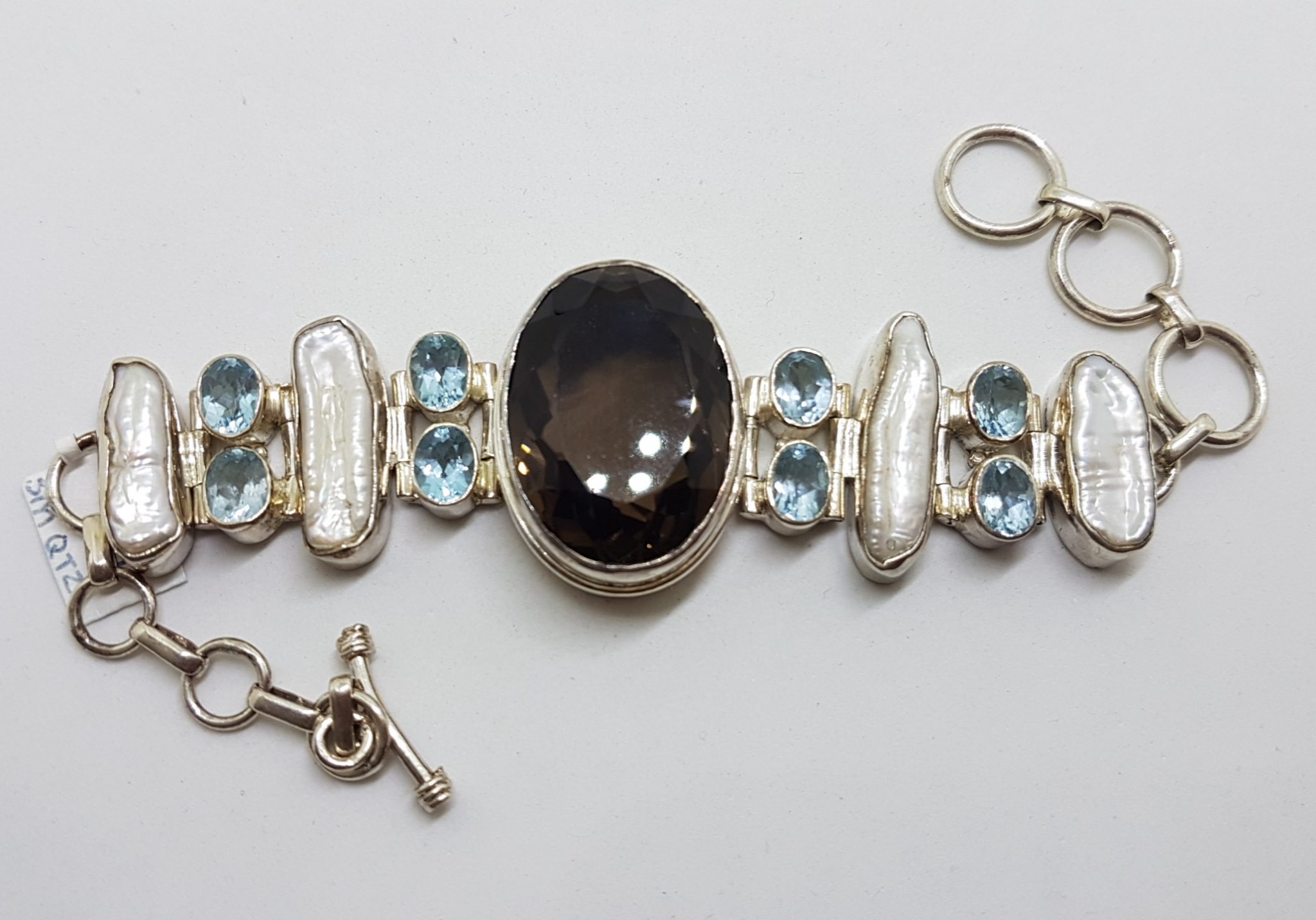 20201002_065921 Sterling Silver Very Wide Blue Topaz, Blister Pearl and Smokey Quartz Bracelet