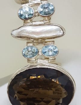 Sterling Silver Very Wide Blue Topaz, Blister Pearl and Smokey Quartz Bracelet