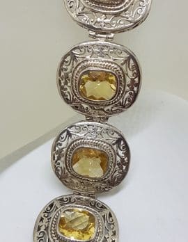 Sterling Silver Large / Wide Ornate Filigree Oblong Citrine Bracelet