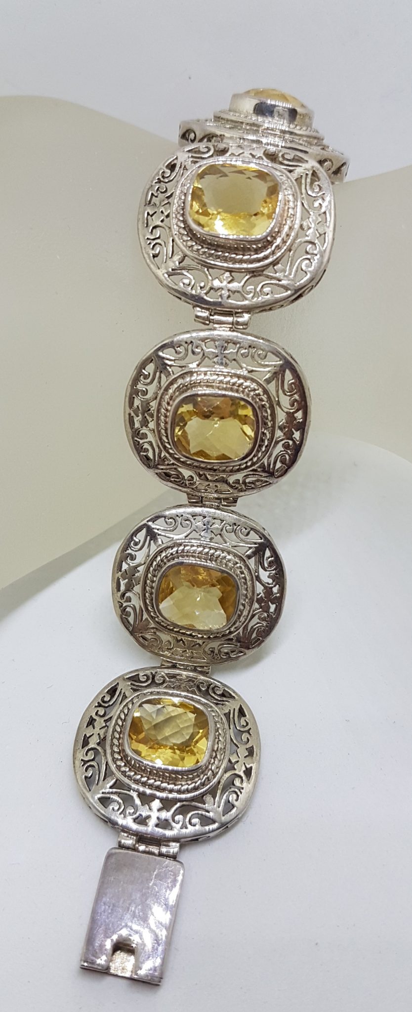 Sterling Silver Large / Wide Ornate Filigree Oblong Citrine Bracelet