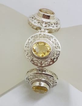 Sterling Silver Large / Wide Ornate Filigree Oval Citrine Bracelet