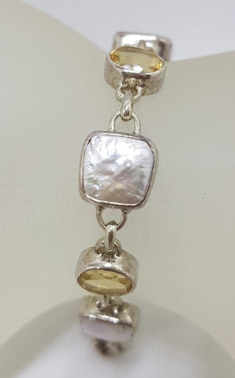 Sterling Silver Oval Citrine with Square Pearl Bracelet