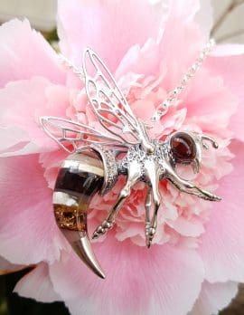 Sterling Silver Large Natural Baltic Amber Bee / Wasp Pendant on Silver Chain