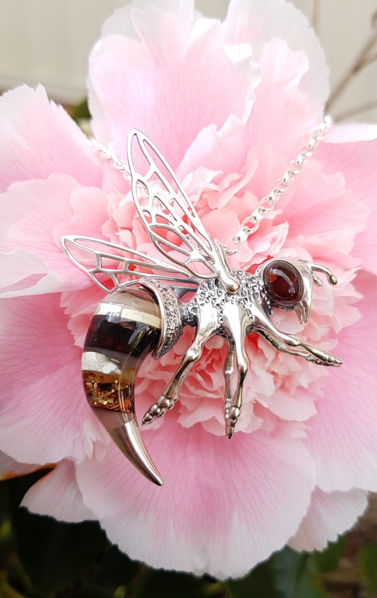 20201002_071228 Sterling Silver Large Natural Baltic Amber Bee / Wasp Pendant on Silver Chain