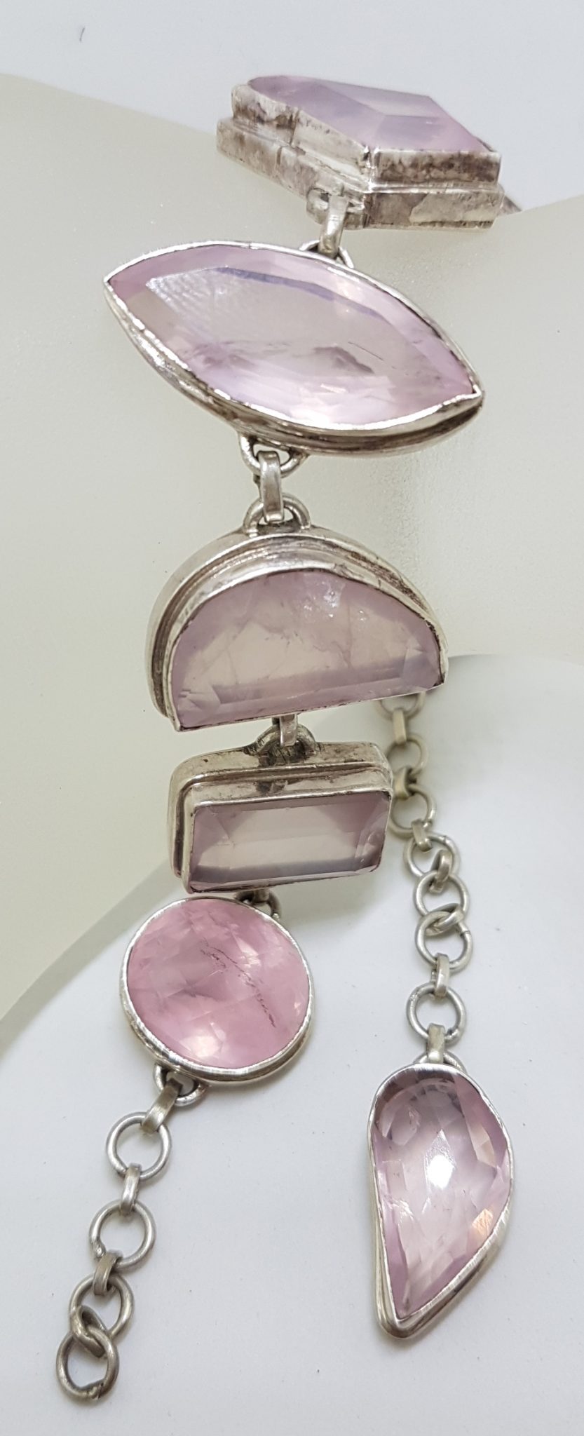 20201005_182851 Sterling Silver Mixed Shapes Chunky Rose Quartz Bracelet
