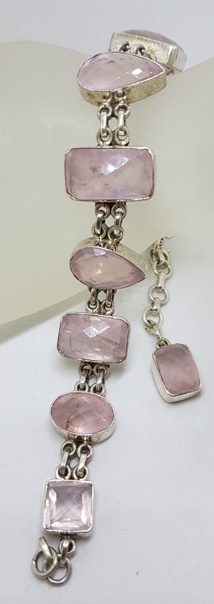 20201005_182948 Sterling Silver Mixed Shapes Chunky Rose Quartz Bracelet