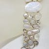 Sterling Silver Large / Wide Moonstone, Pearl, Clear Quartz Chunky Cluster Bracelet