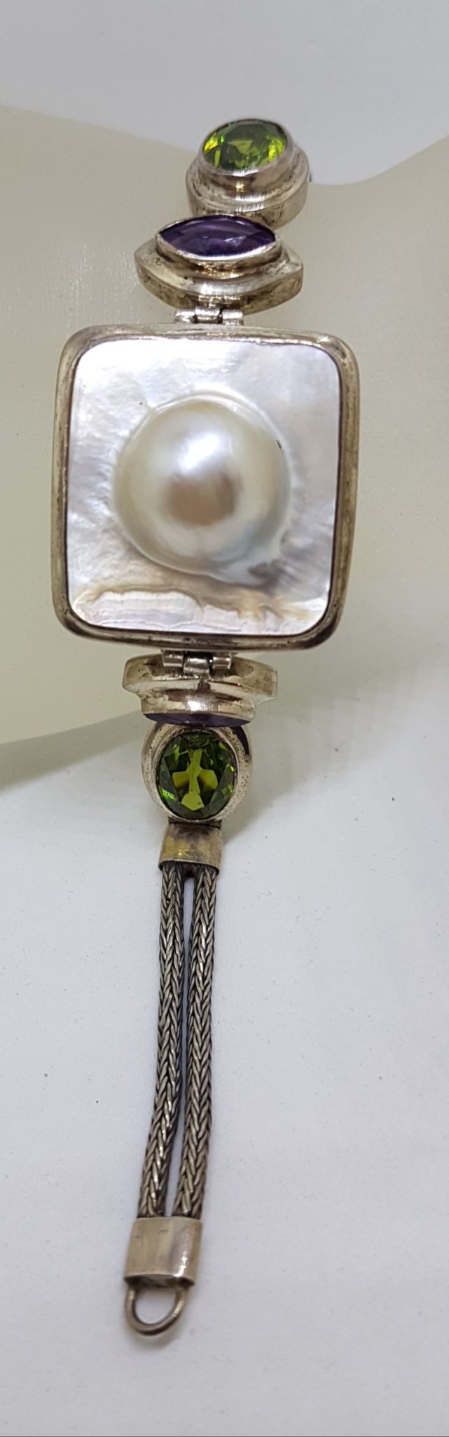 Sterling Silver Square Mabe Pearl, Peridot and Amethyst Bracelet
