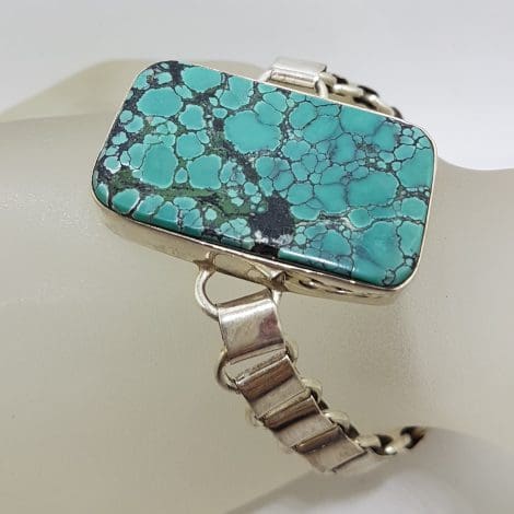 Sterling Silver Stunning Very Large and Chunky Rectangular Natural Turquoise Bracelet