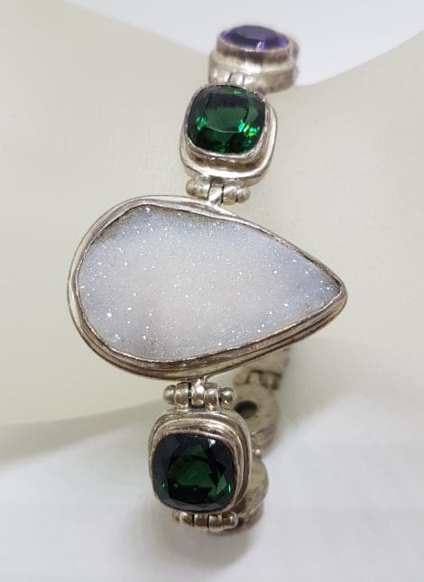 Sterling Silver Large Teardrop / Pear Shape Druzy Quartz with Green Quartz, Amethyst and Pearl Bracelet