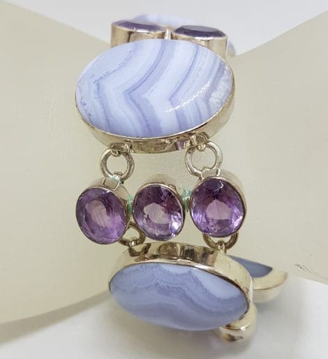 Sterling Silver Large Oval Blue Lace Agate with Amethyst Wide / Chunky Bracelet