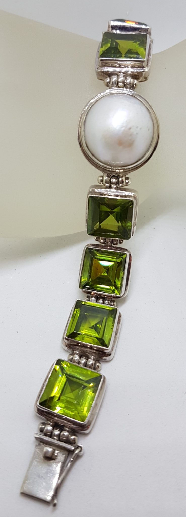 Sterling Silver Mabe Pearl with Green Heavy Bracelet