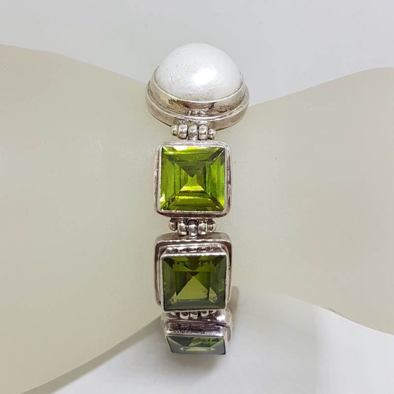 Sterling Silver Mabe Pearl with Green Heavy Bracelet