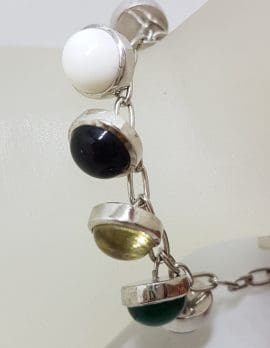Sterling Silver Multi-Colour Gemstones Charm Bracelet - Carnelian, Agate, Onyx Etc