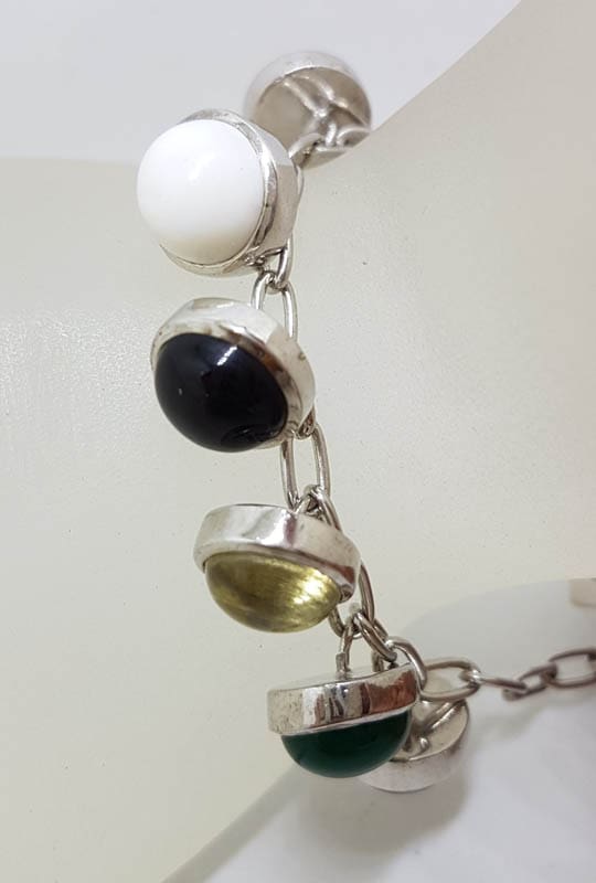 Sterling Silver Multi-Colour Gemstones Charm Bracelet - Carnelian, Agate, Onyx Etc