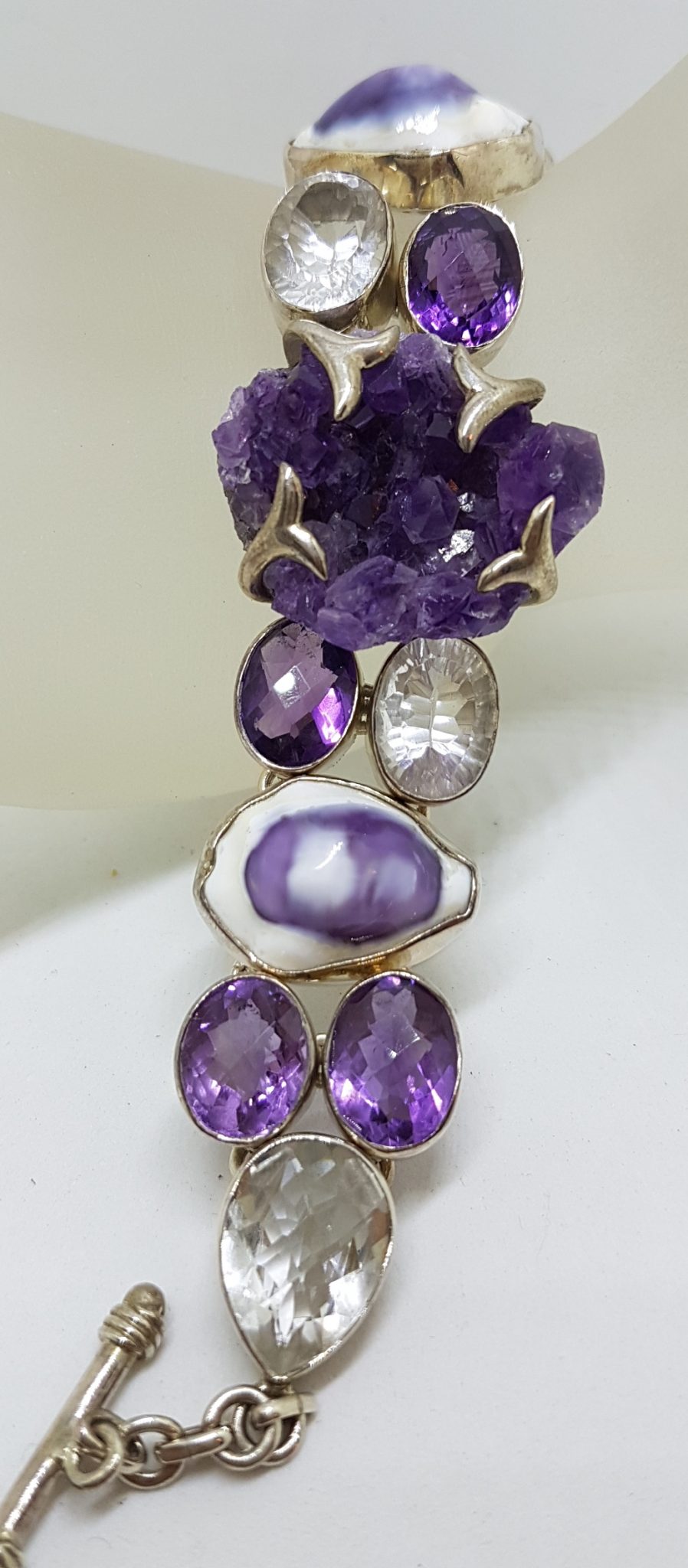 Sterling Silver Wide Chunky Amethyst, Clear Crystal Quartz and Shell Cluster Bracelet