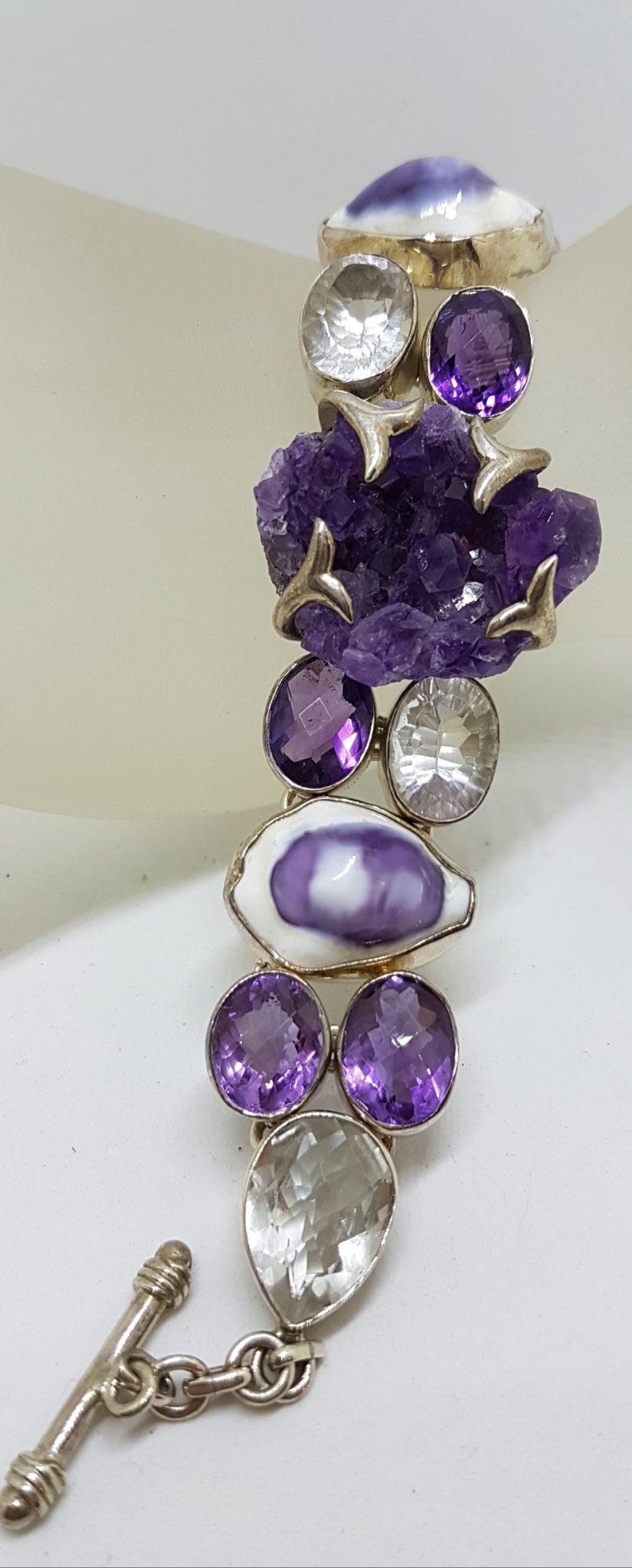 Sterling Silver Wide Chunky Amethyst, Clear Crystal Quartz and Shell Cluster Bracelet
