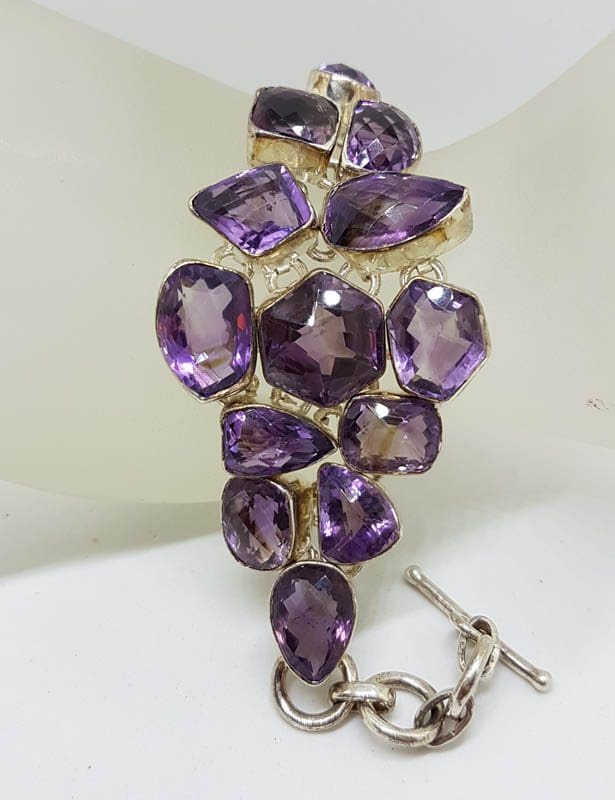 Sterling Silver Large Wide Chunky Unusual Shapes Amethyst Cluster Bracelet