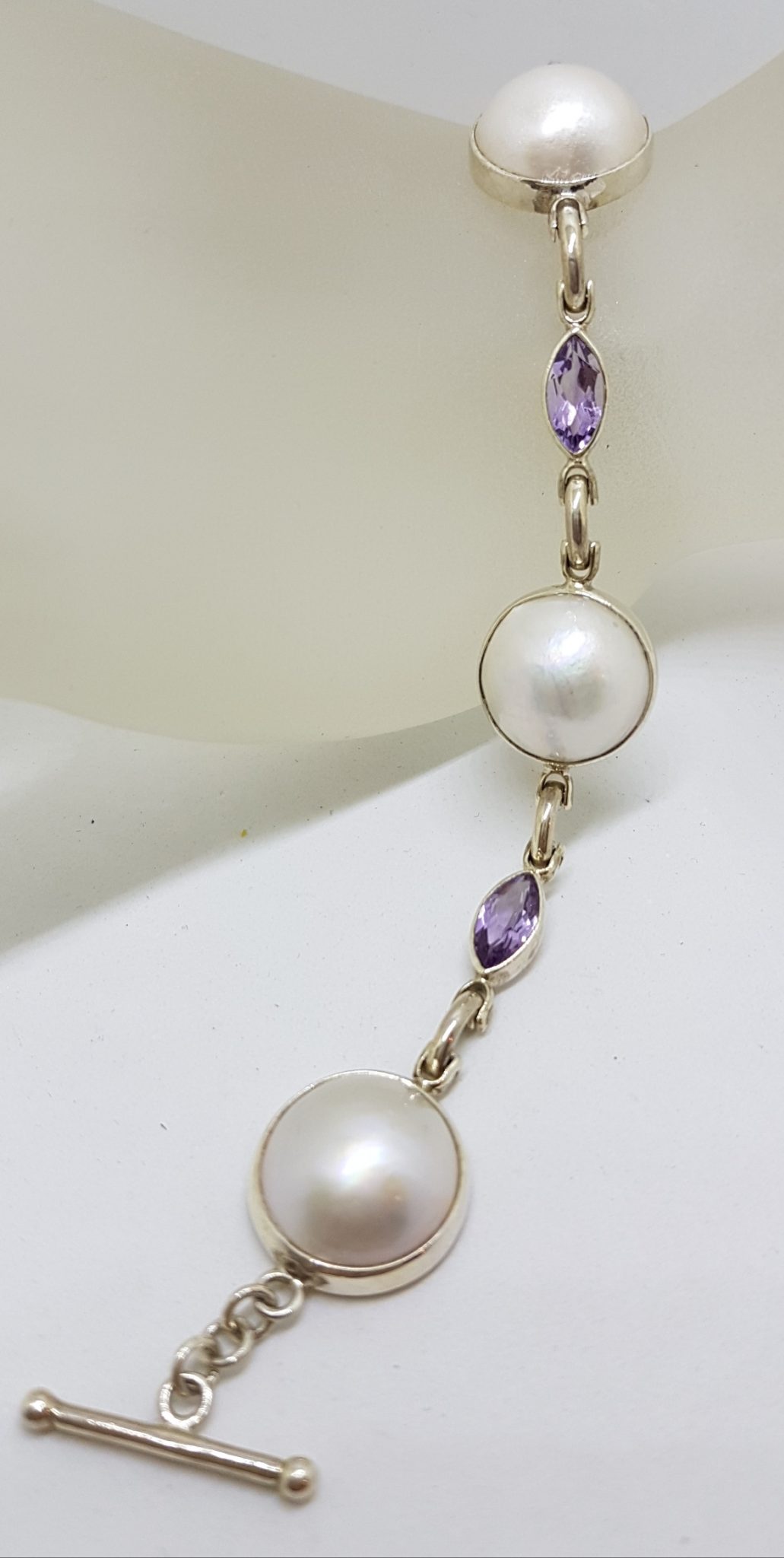 Sterling Silver Mabe Pearl with Marquis Shape Amethyst Bracelet