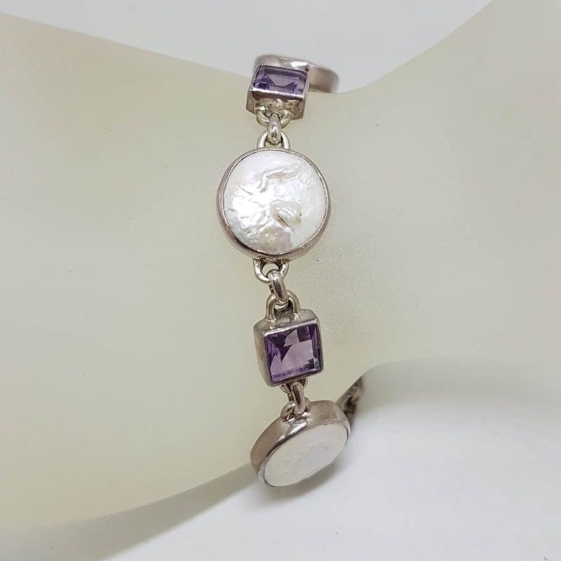 20201005_210419 Sterling Silver Round Button Pearl with Square Amethyst Bracelet