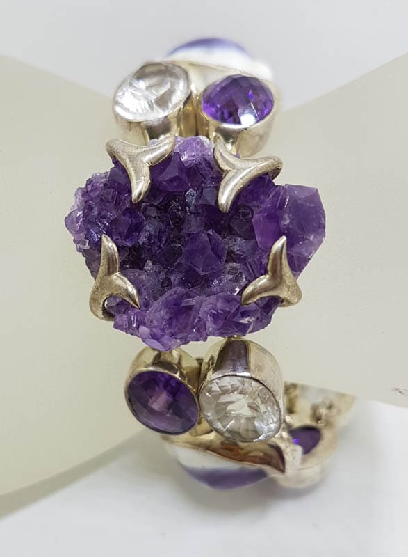 Sterling Silver Wide Chunky Amethyst, Clear Crystal Quartz and Shell Cluster Bracelet