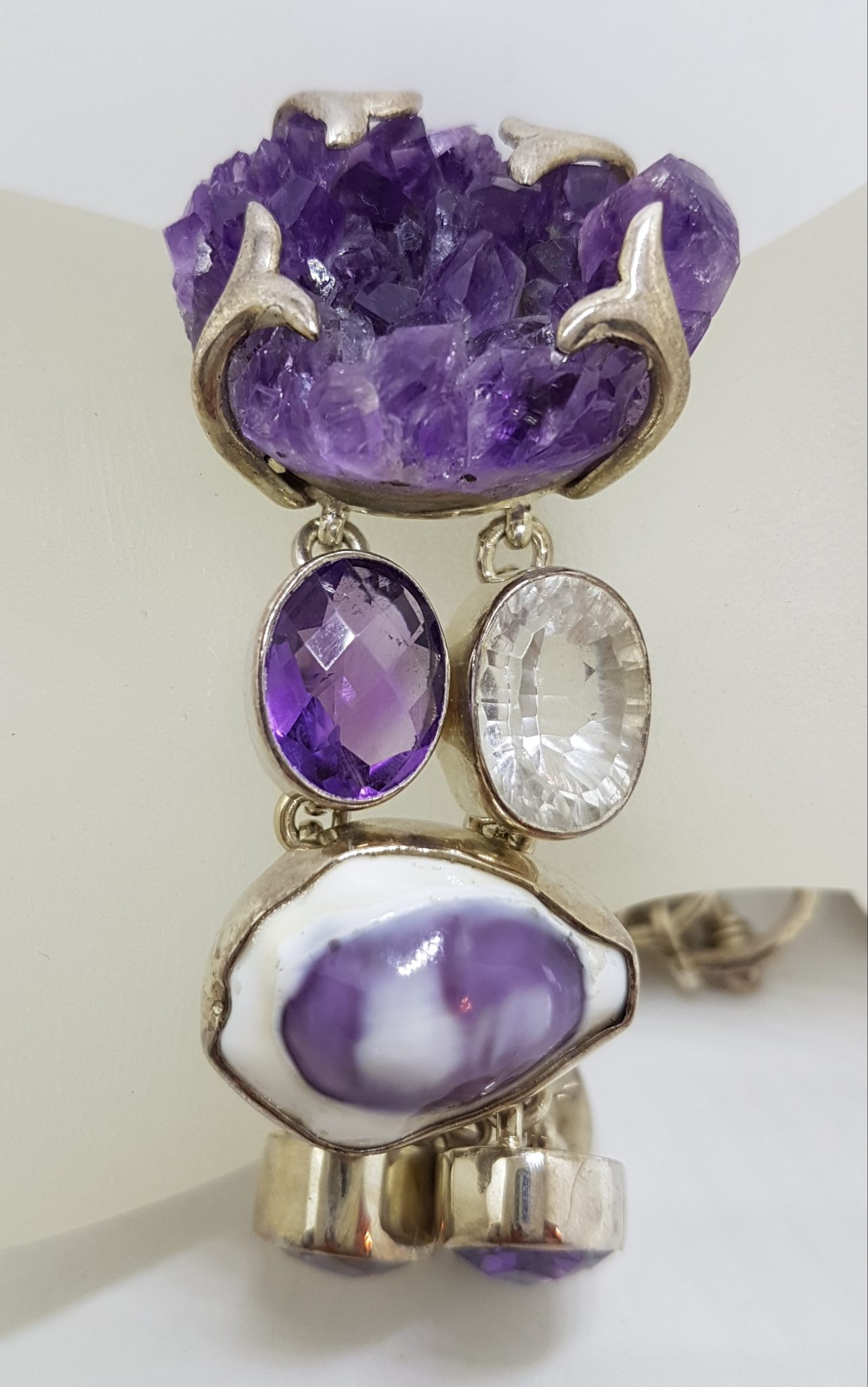 Sterling Silver Wide Chunky Amethyst, Clear Crystal Quartz and Shell Cluster Bracelet