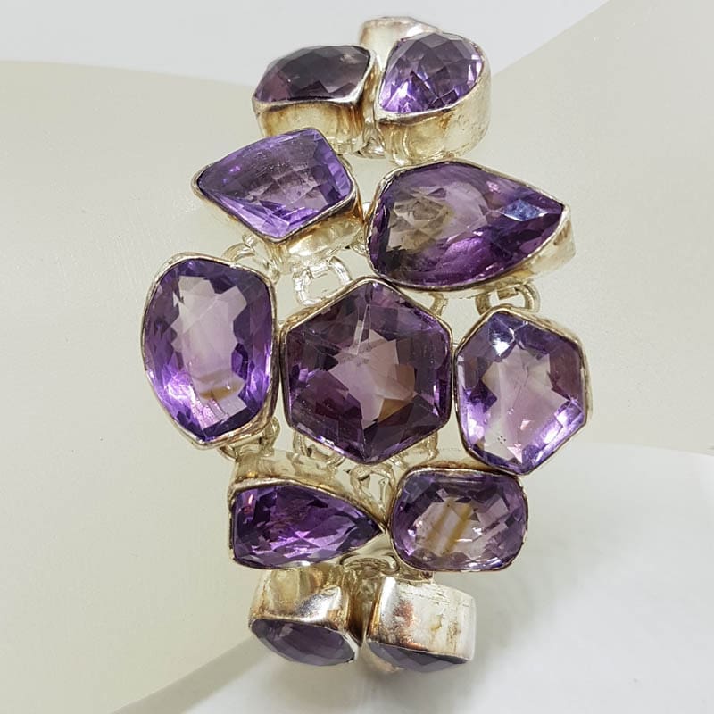 Sterling Silver Large Wide Chunky Unusual Shapes Amethyst Cluster Bracelet